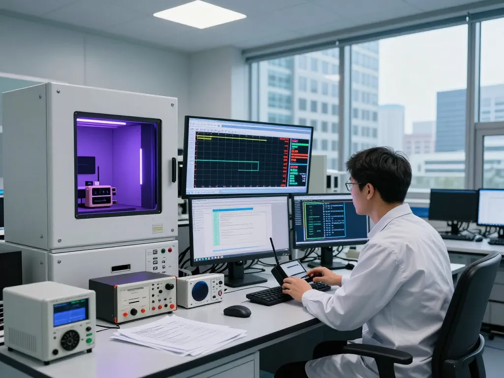 Engineer reviewing FCC compliance results in a cutting-edge EMC testing laboratory with advanced equipment.