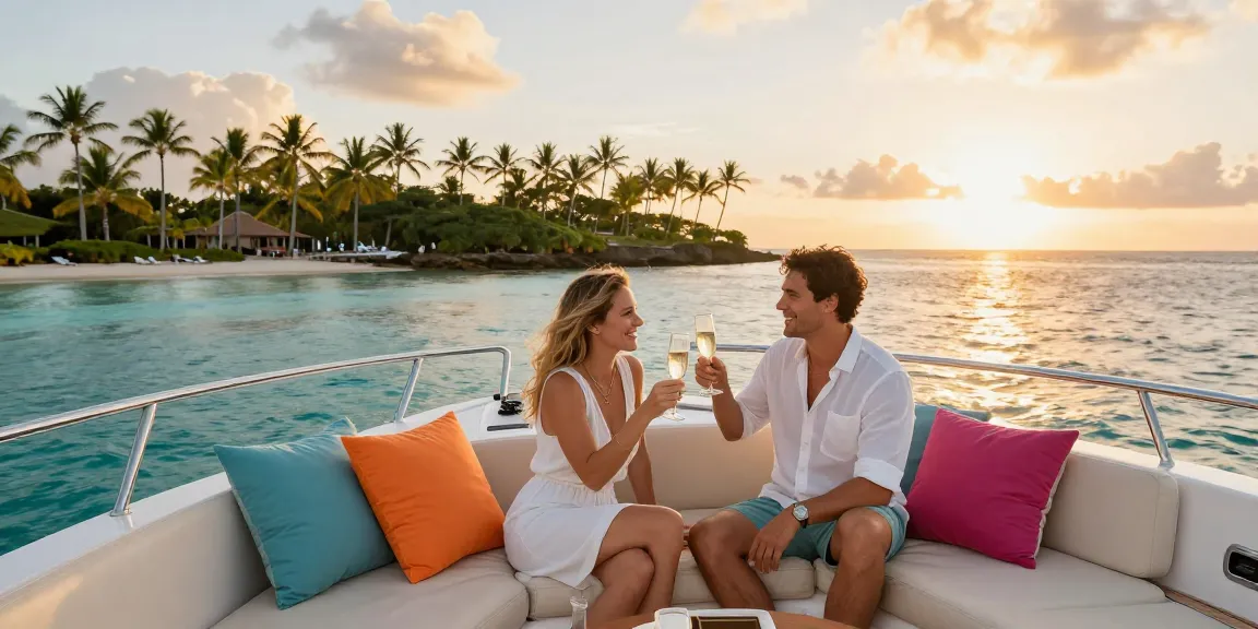 Yacht charter Punta Cana experience with a couple celebrating at sunset on a luxury yacht.