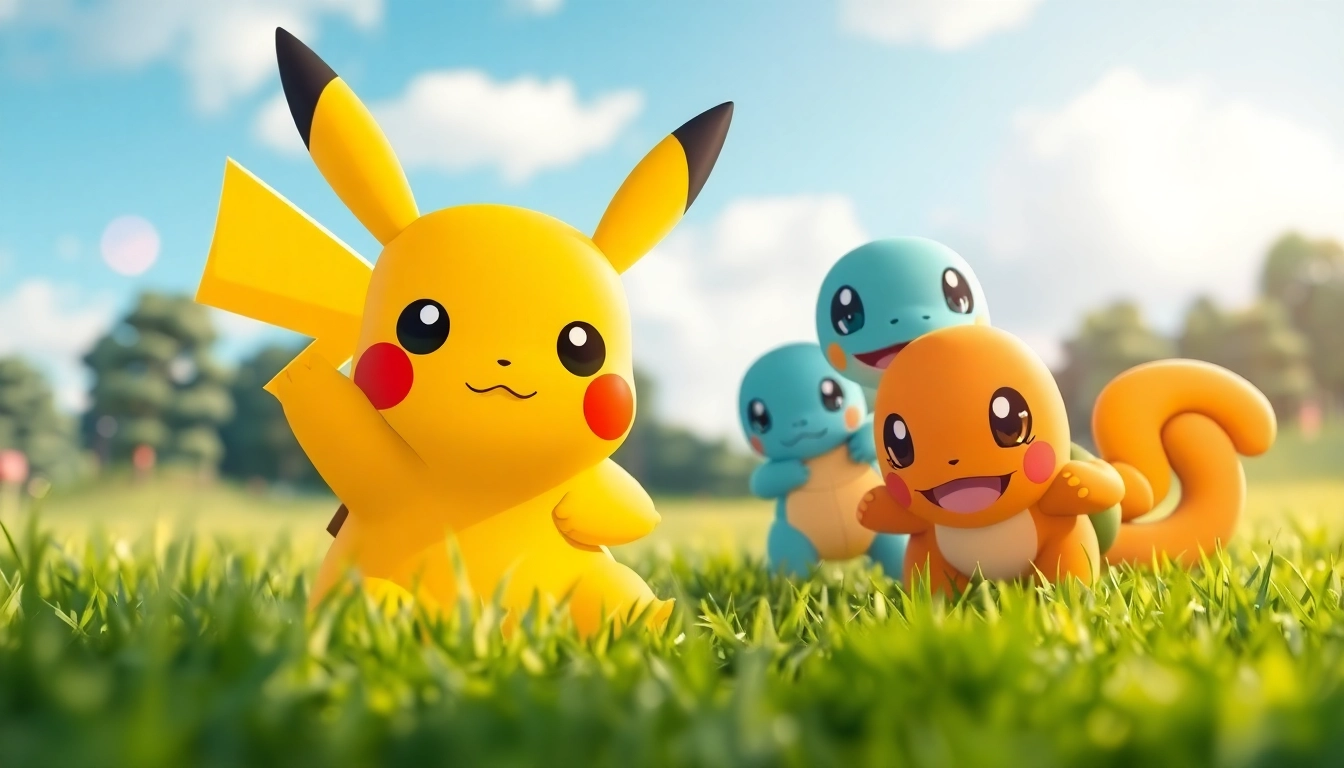 Playful Pokémon SVG designs featuring Pikachu and friends in a vibrant outdoor scene.
