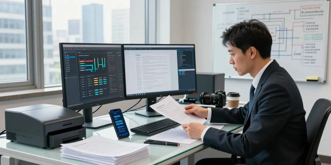 Document fraud detection analysis with a data analyst reviewing digital documents in a modern office.