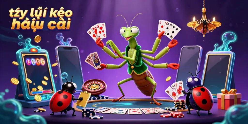 Engaging scene of tỷ lệ kèo nhà cái with a giant praying mantis card sharp and a ladybug pit boss in a vibrant casino environment.