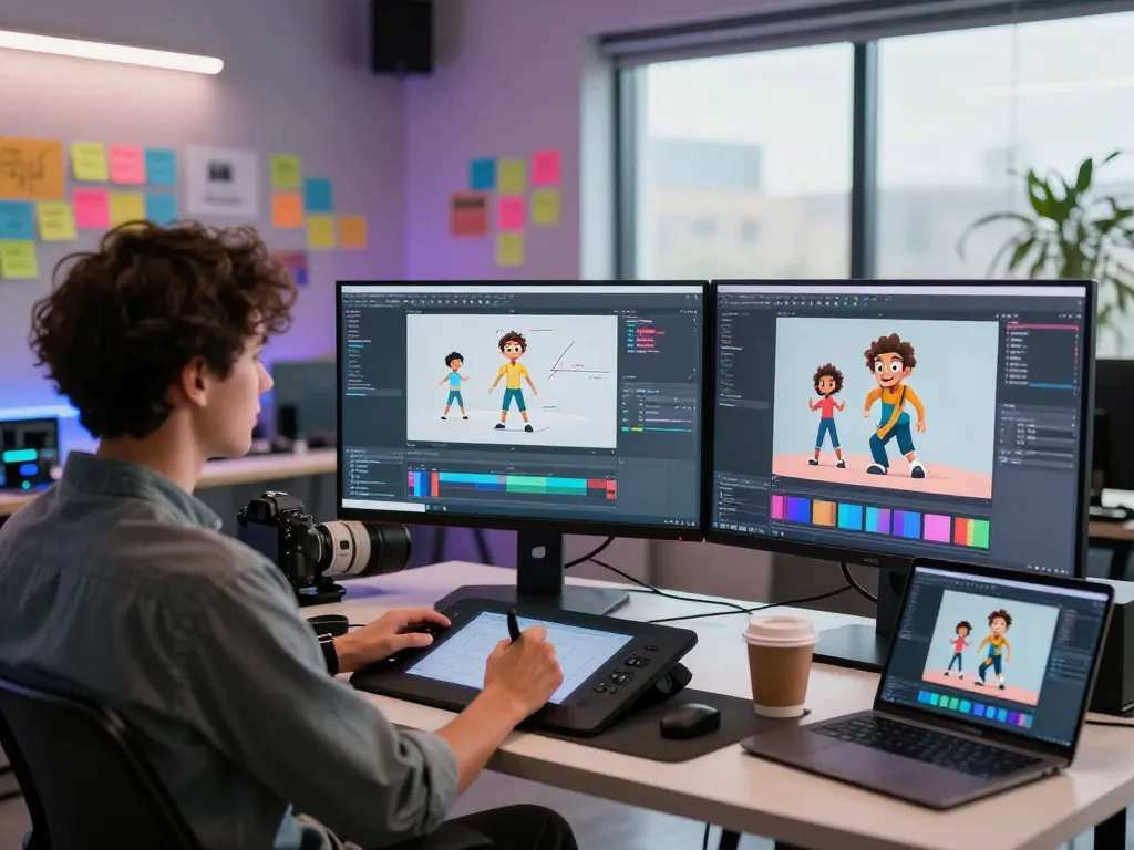 Digital artist using Kling motion ai to animate character graphics in a vibrant creative studio.