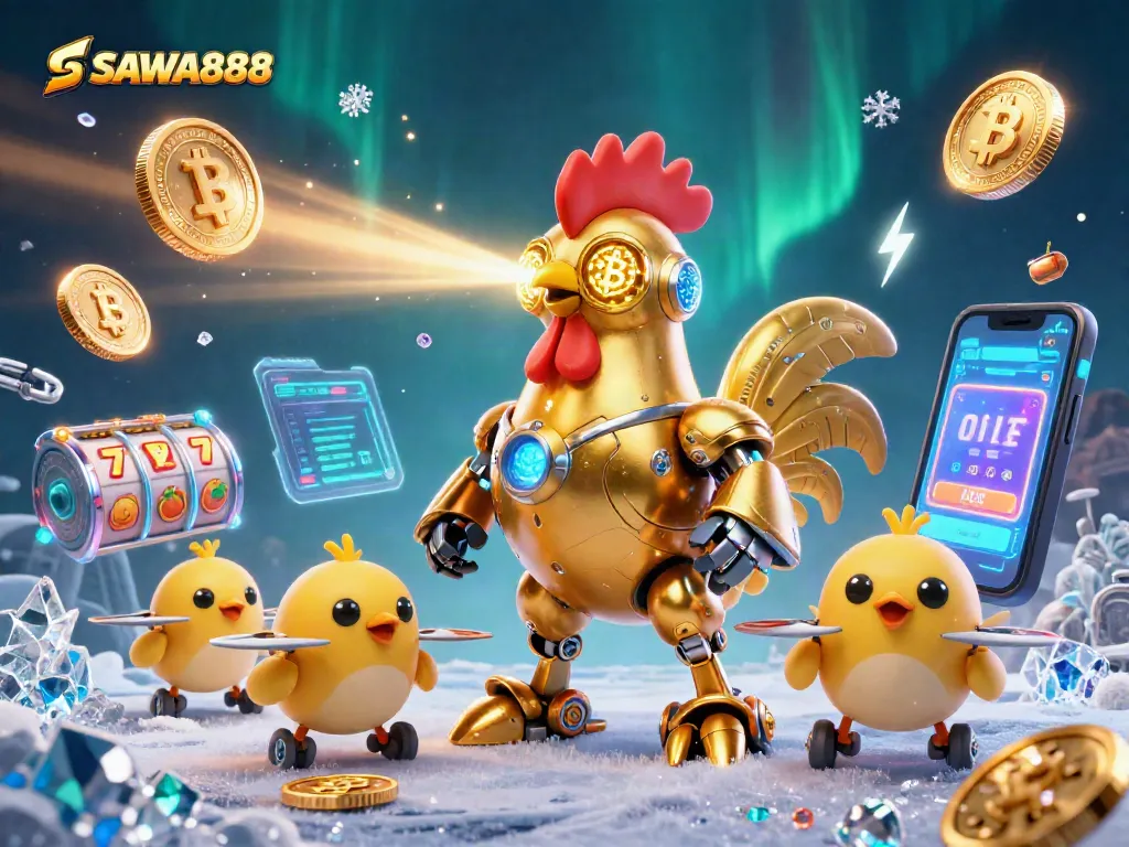 SAWA888 showcases a dynamic casino scene with golden rooster robot and vibrant crypto elements.