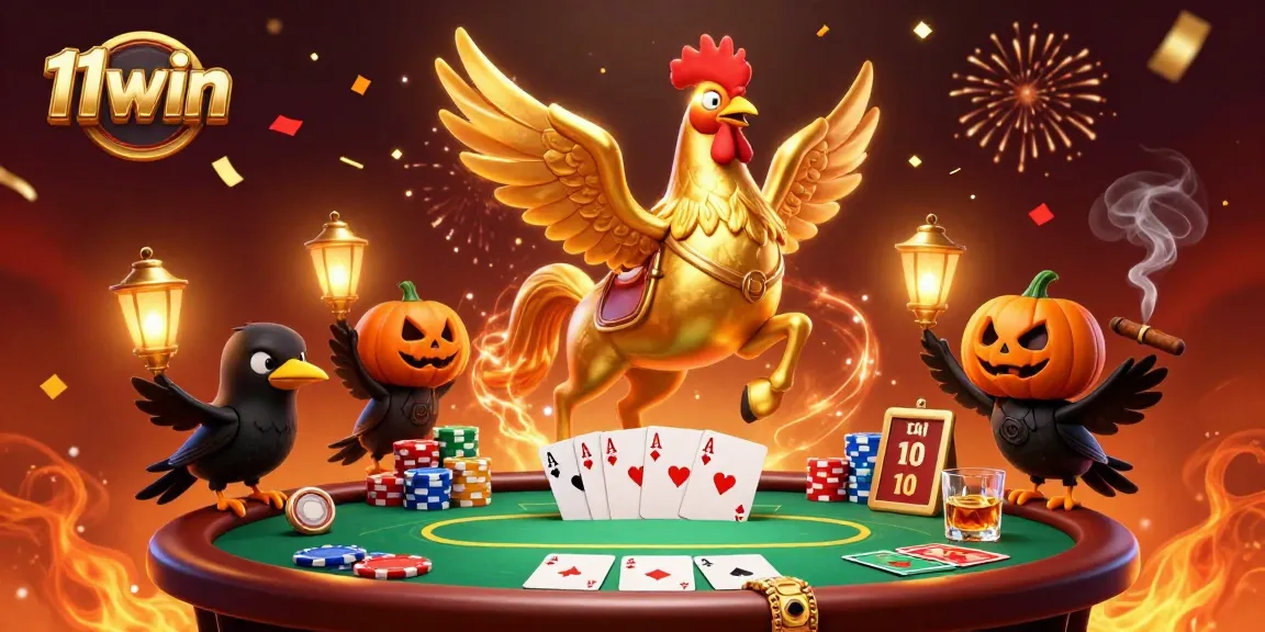 Engage in thrilling casino action with 11win's vibrant rooster character in an enchanting gaming scene.