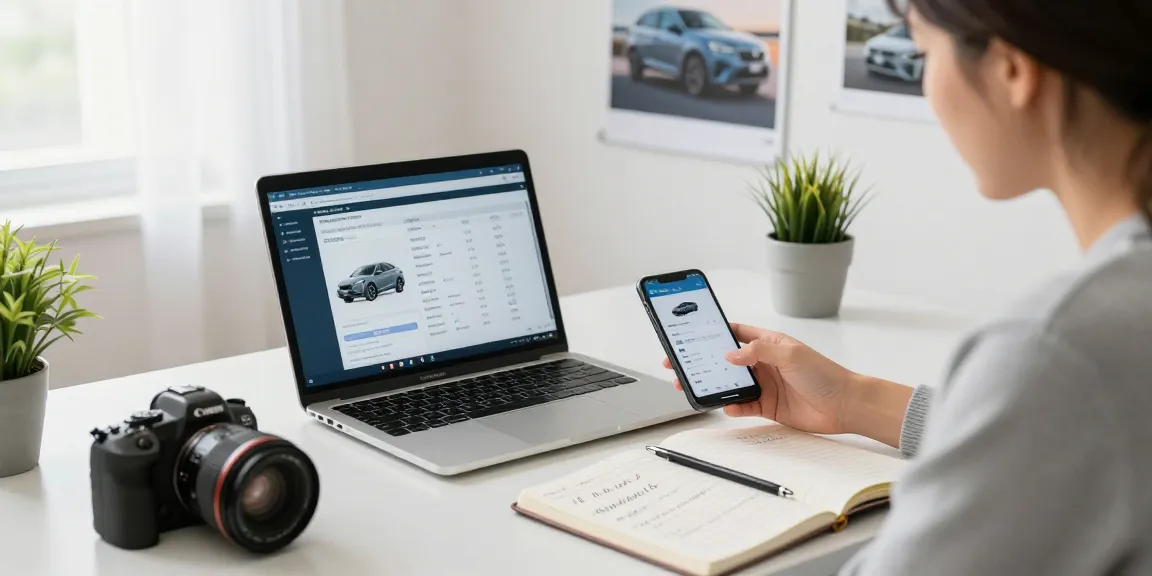 Car history check UK process in a modern home office.