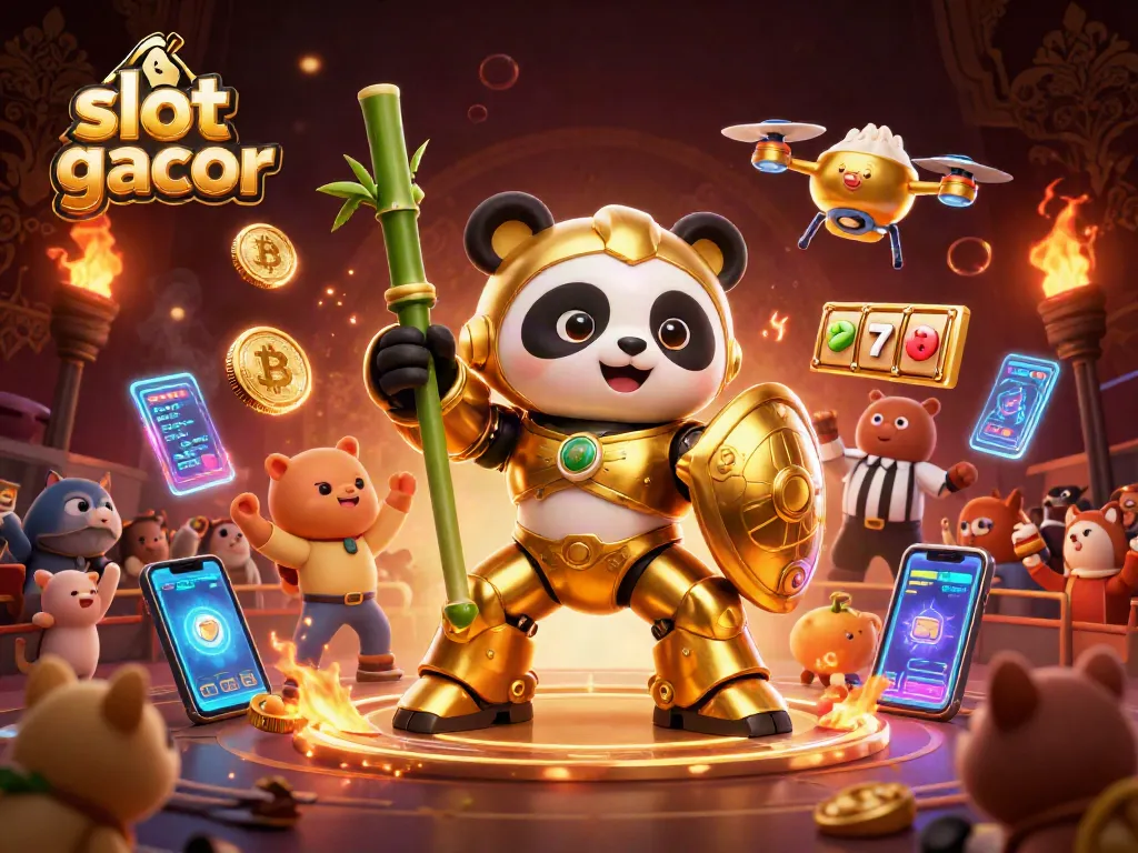 Engage with slot gacor as the golden panda battles in a vibrant casino arena.