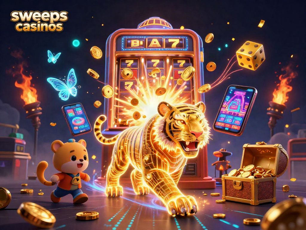 Experience thrilling sweeps casinos with a golden tiger avatar amidst flying coins and dazzling visuals.