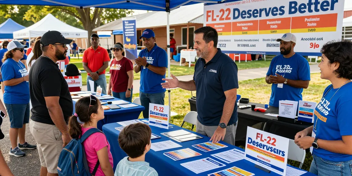 Casey Askar engaging with FL-22 voters at a community event, examining campaign materials.