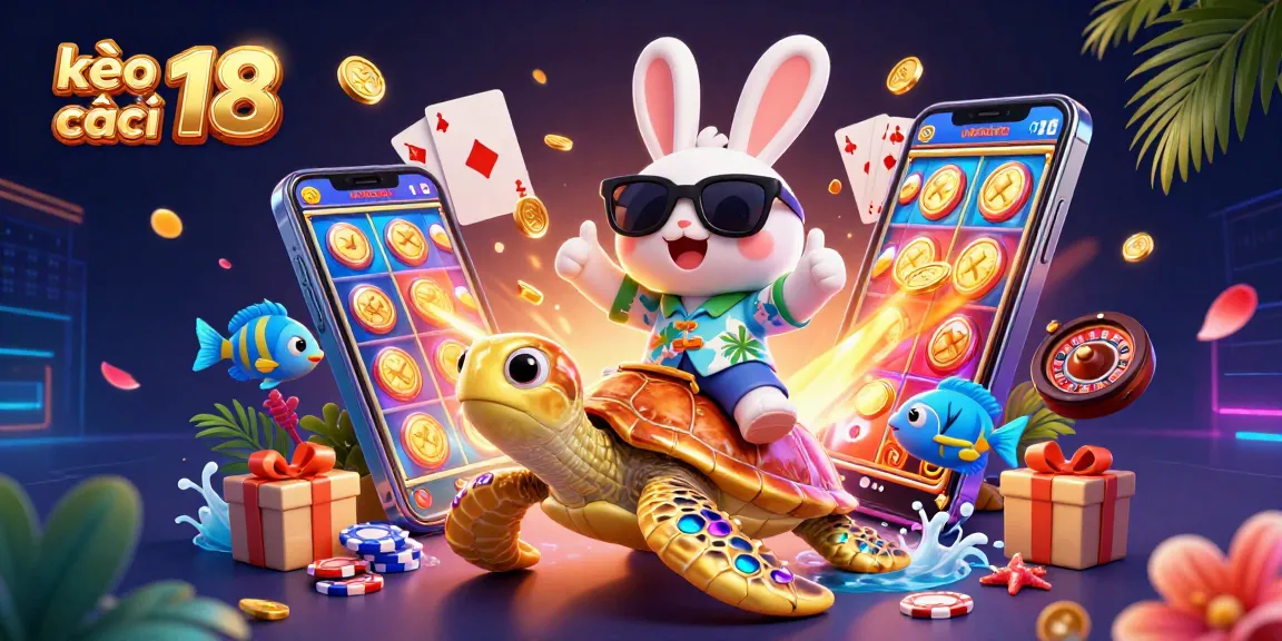 Engage with kèo nhà cái 18 in a vibrant 3D casino illustration featuring playful characters and gaming elements.