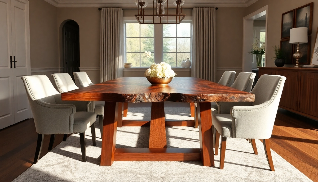 Custom dining table made from solid walnut with unique live edges, beautifully set in an elegant dining room.