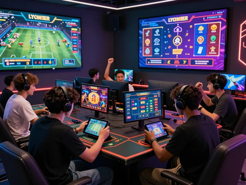 Engaged players enjoying UFABET online betting with modern gaming technology in a vibrant atmosphere.