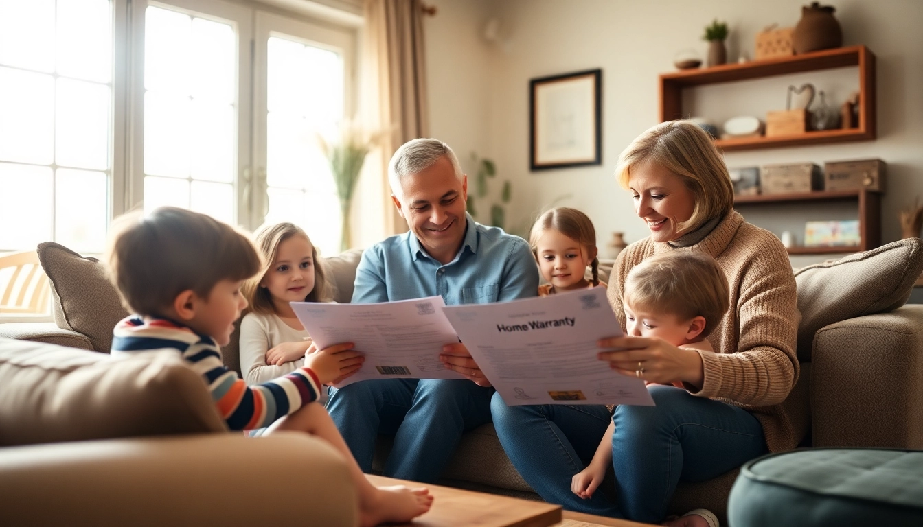 Family contemplating the best home warranty for older homes in a cozy living room environment.