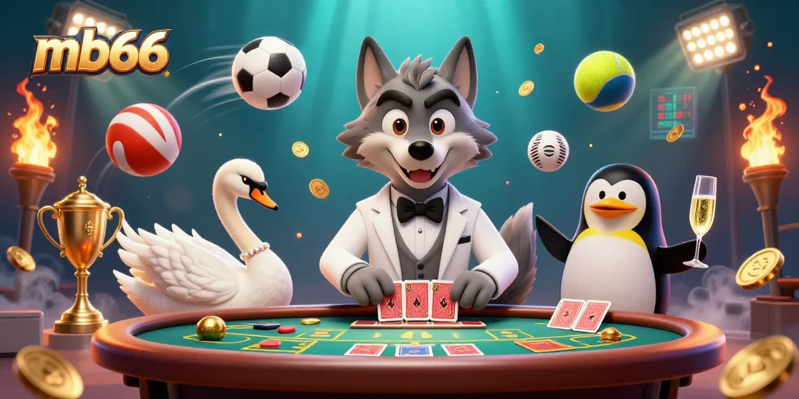 Join the excitement of mb66 with a debonair wolf and elegant characters at a dynamic casino scene.