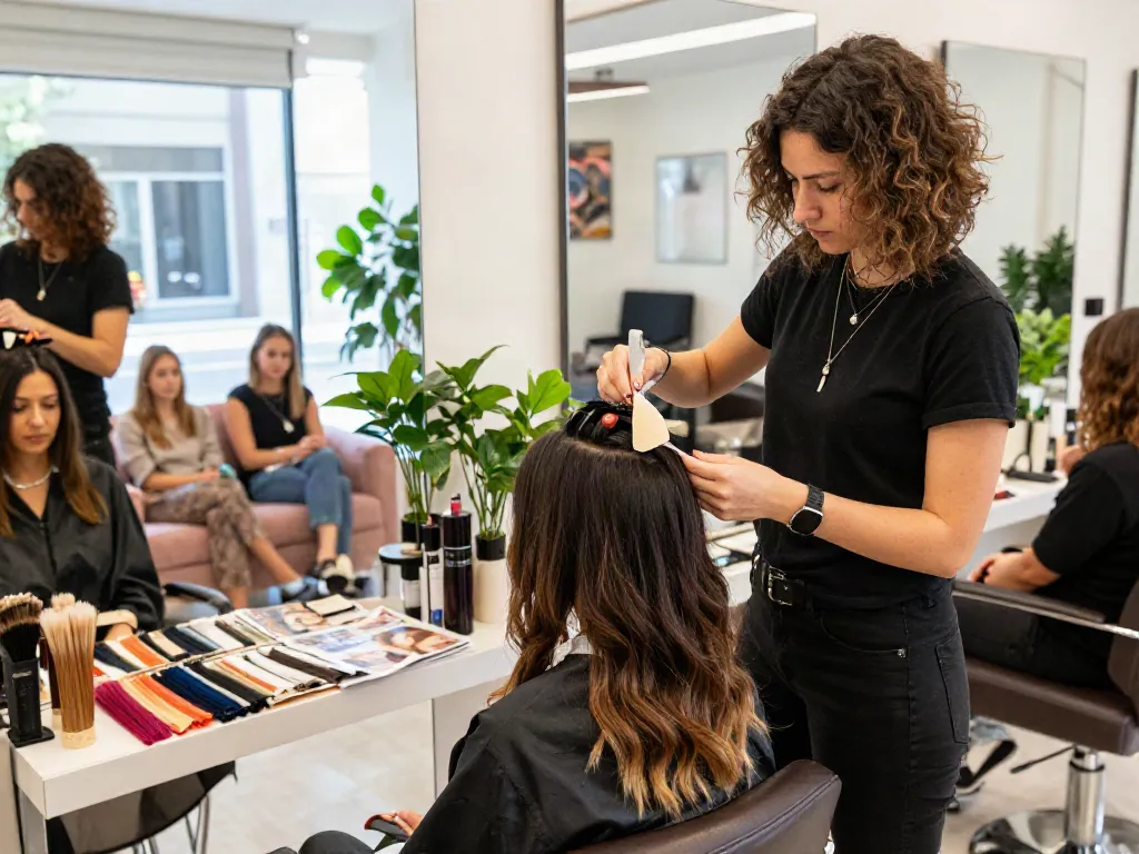 Tape in hair extensions application in a modern salon, showcasing vibrant hair colors and professional stylist.