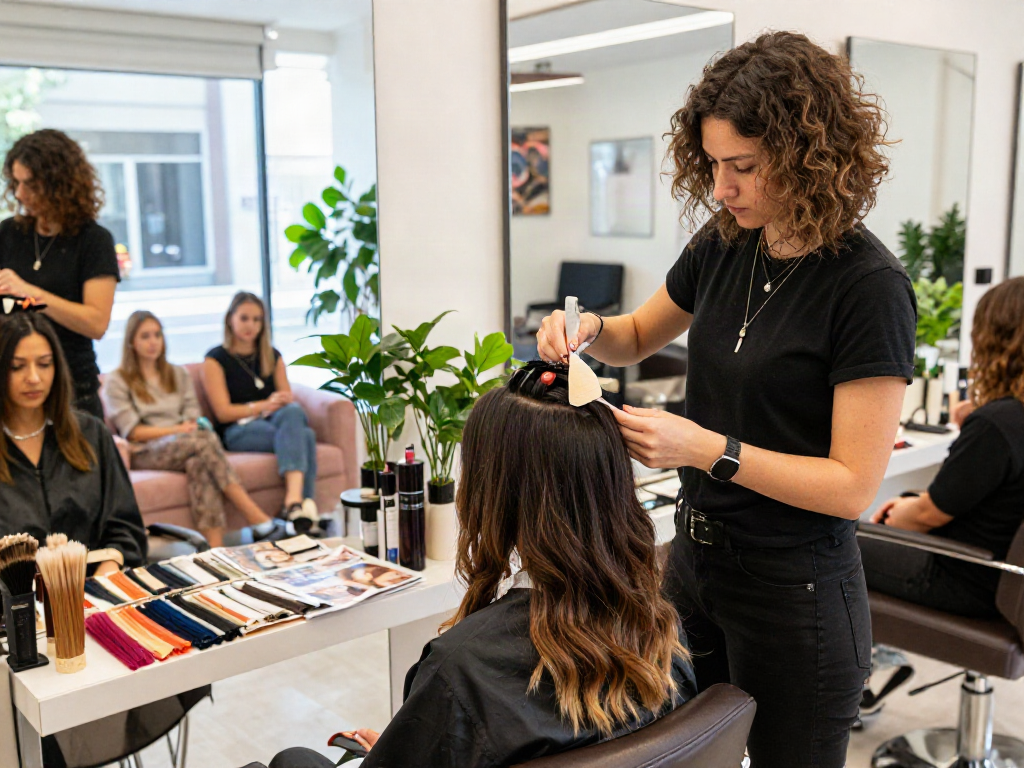 Tape in hair extensions application in a modern salon, showcasing vibrant hair colors and professional stylist.