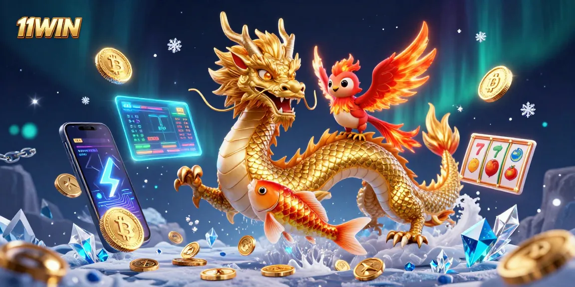 Experience the excitement of 11WIN with slot games, a golden dragon, and vibrant coins in motion.