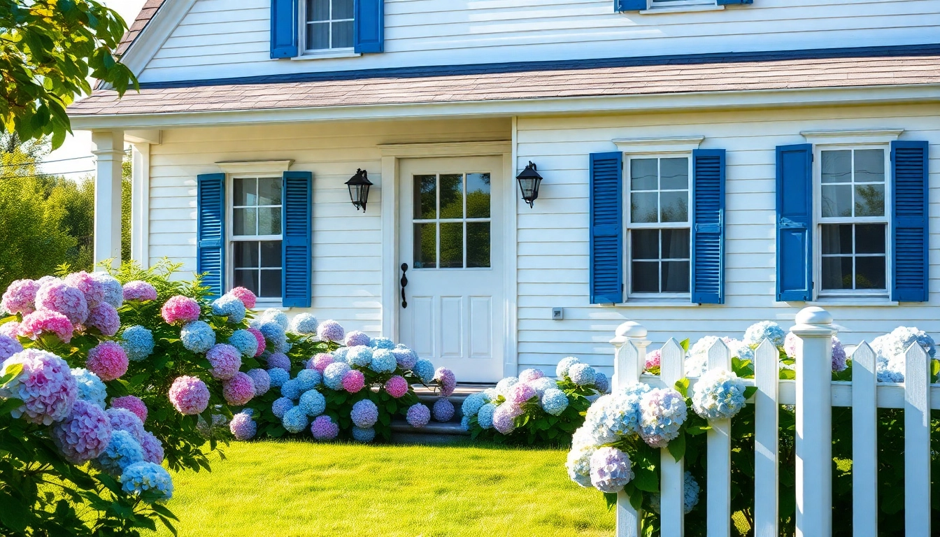 Vibrant cape cod homes surrounded by hydrangeas and a serene lawn showcasing charming architecture.