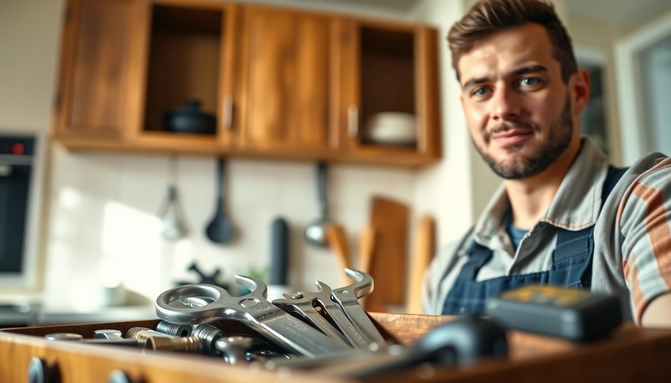Plumber near me actively fixing pipes in a well-lit residential kitchen, highlighting expert tools.