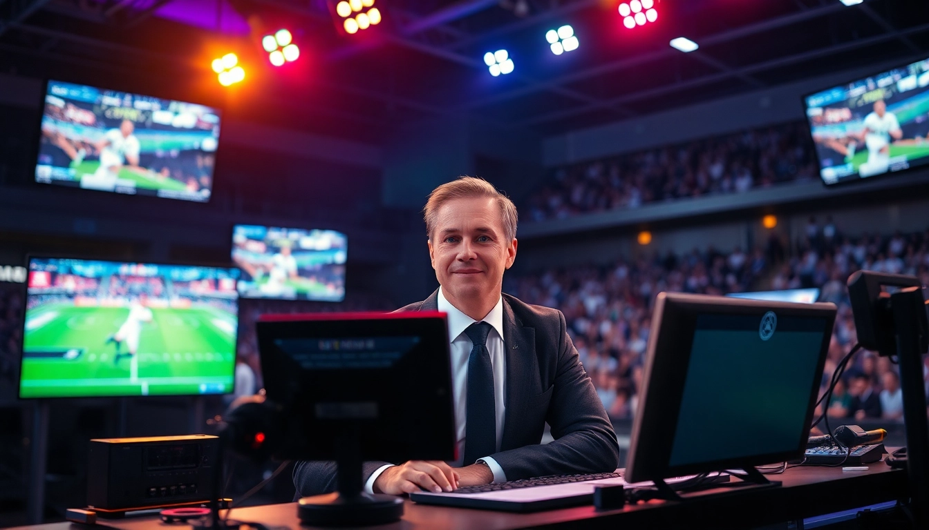 Commentator delivering insights in a sports broadcasting studio with screens displaying live events.
